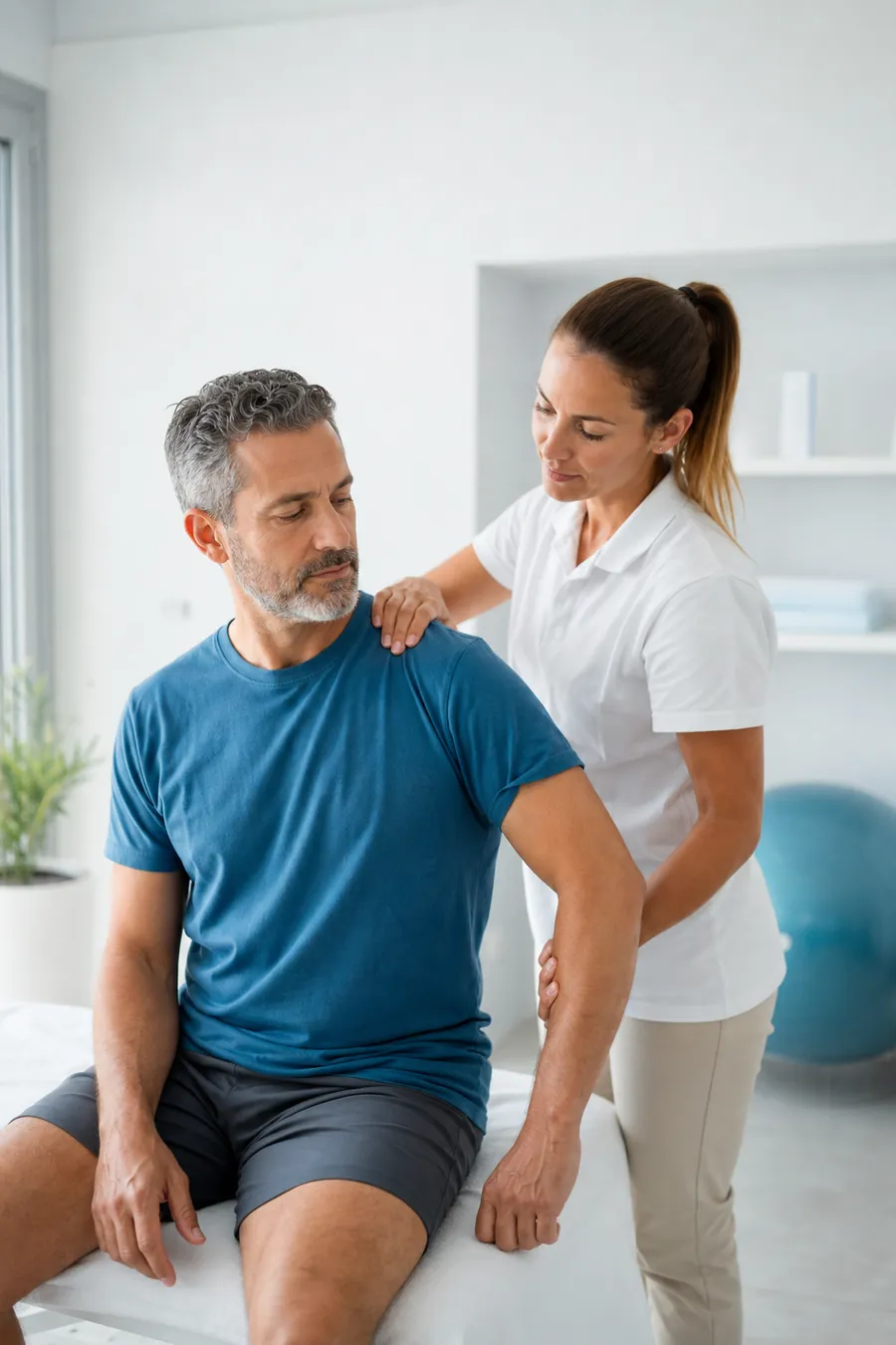 Fisioterapeuta tratando el hombro de un paciente (imagen generada con IA)