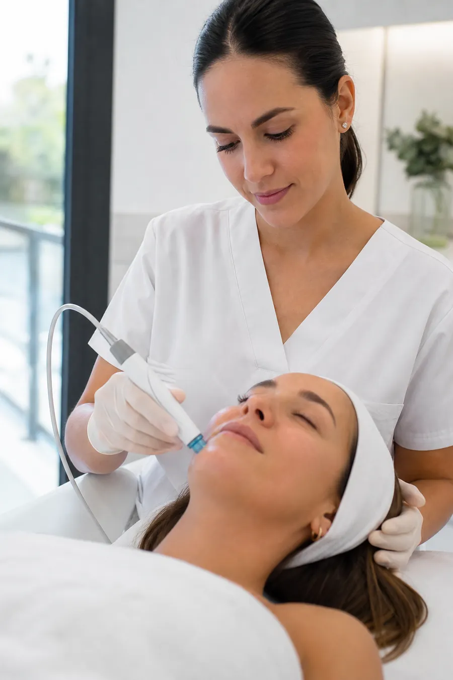 Especialista aplicando un tratamiento facial (imagen generada con IA)