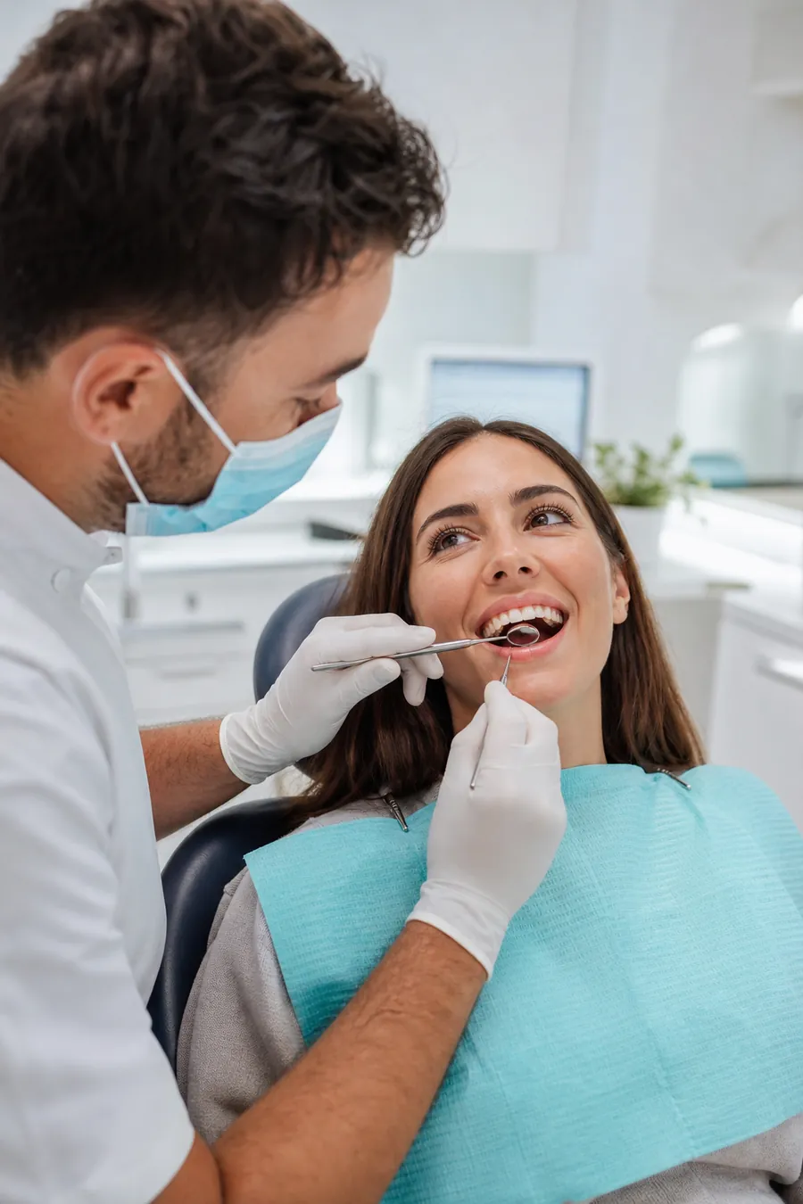 Dentista revisando la boca de una paciente sonriente (imagen generada con IA)
