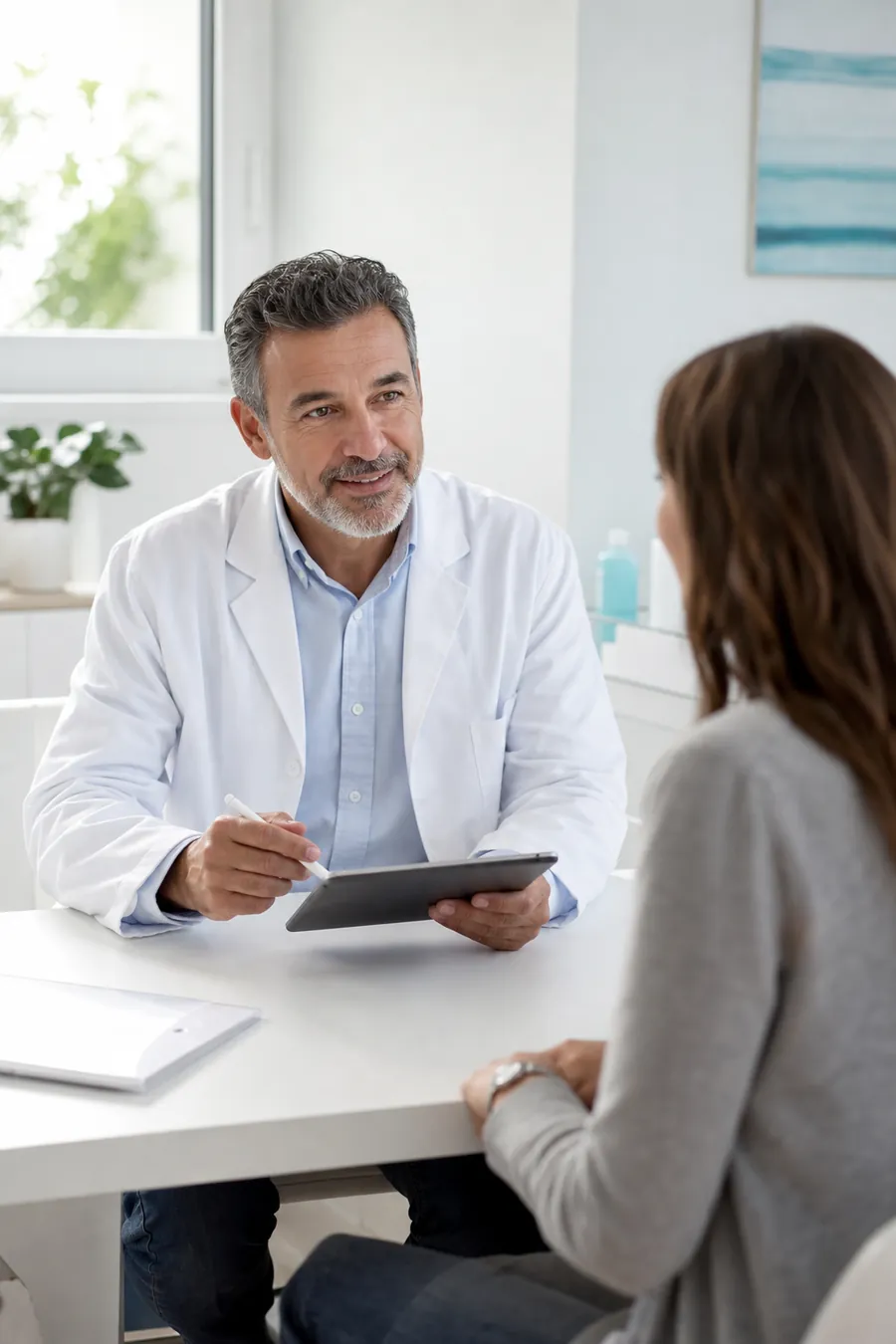 Médico conversando con una paciente en su consulta (imagen generada con IA)